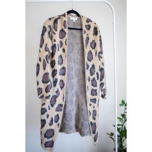 SHE & SKY Cozy Leopard Print Open Front Long Cardigan Sweater Mocha Coat SZ OS